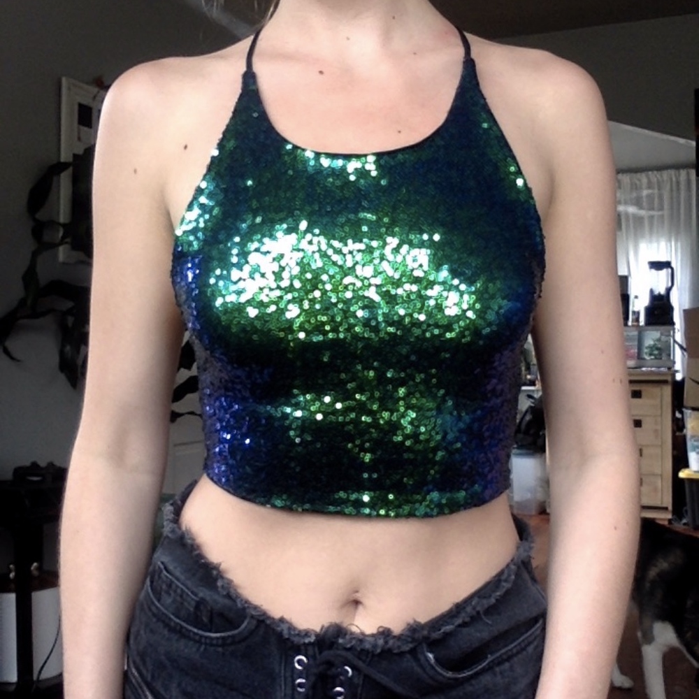 Blue Green Black Sequin Crop Top Rave / Festival